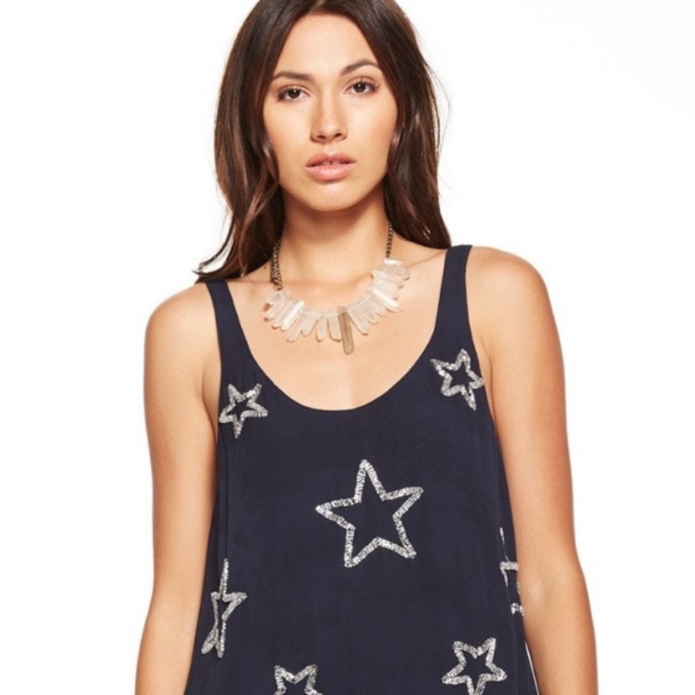 NWT Chaser Beaded Star Racerback Chiffon Tank Top Dark Navy Blue Silver Size M